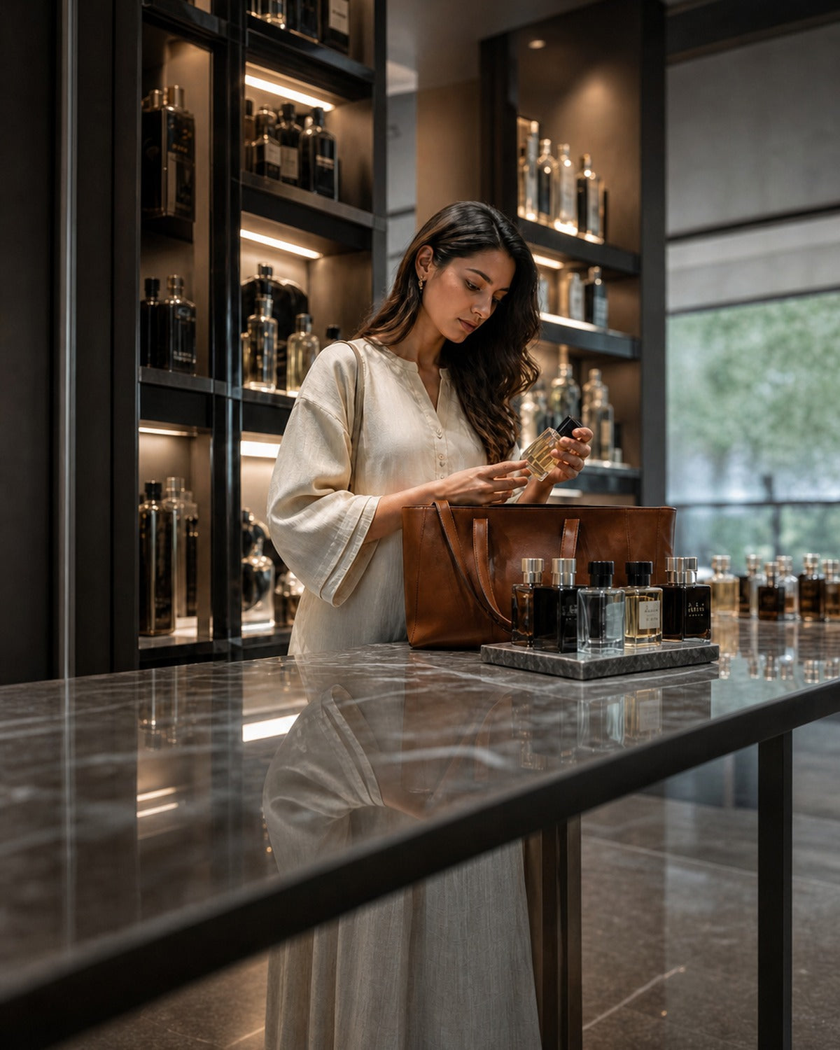Browsing a shelf of fragrances